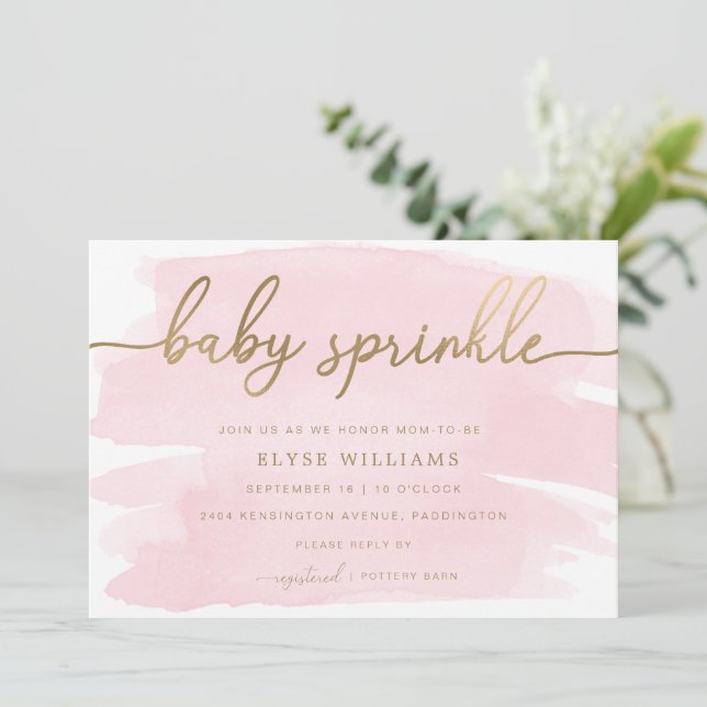 Aquarelle rose or Bébé saupoudrer Invitation (Debout devant)