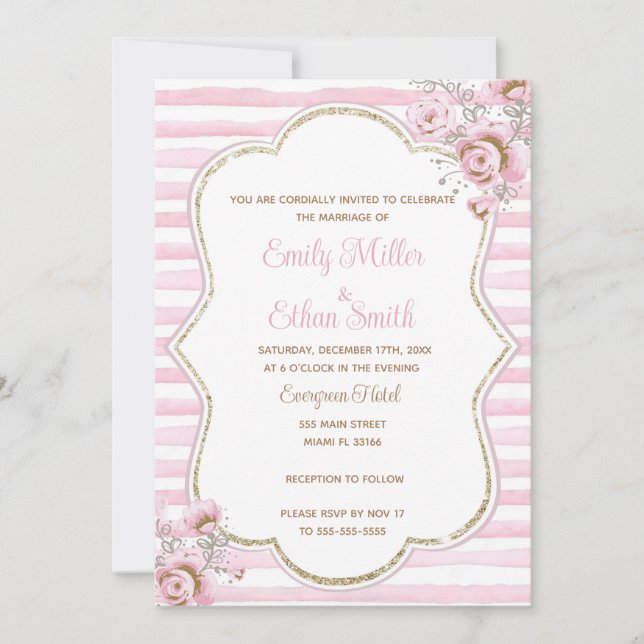 Aquarelle rose or floral faire-part de mariage (Devant)