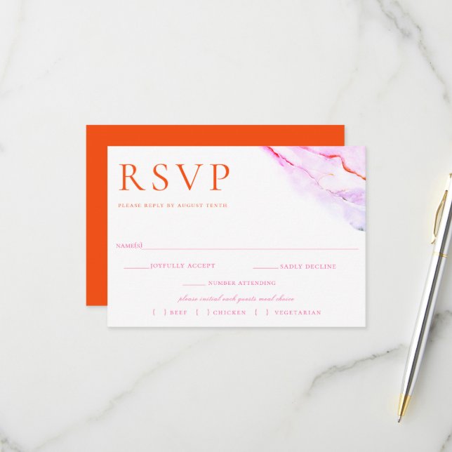 Aquarelle rose orange mariage RSVP choix de repas (Devant/Arrière en situation)