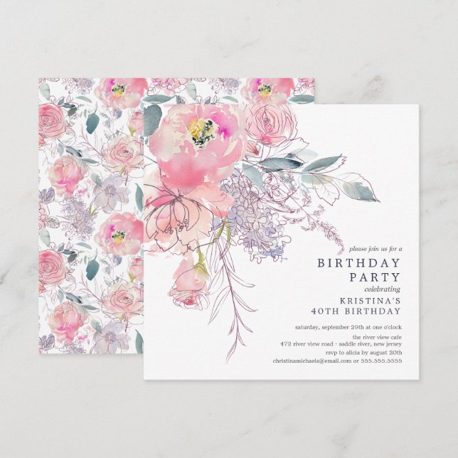 Aquarelle rose pâle Floral Invitation Anniversaire (Devant / Derrière)