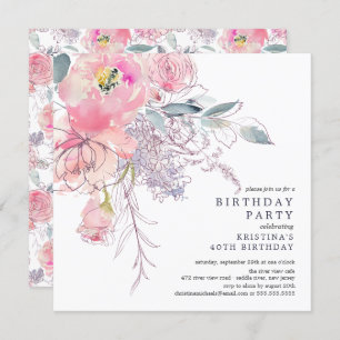 Aquarelle rose pâle Floral Invitation Anniversaire