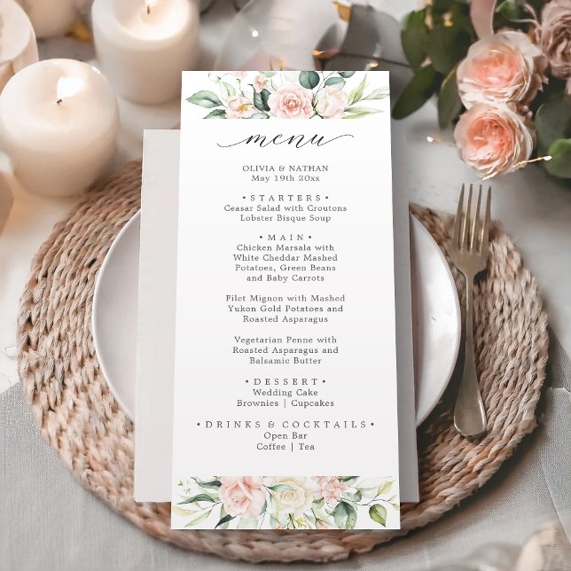 Aquarelle rose pâle Floral mariage Menu Dîner (Créateur téléchargé)