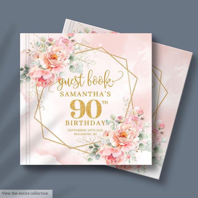 Aquarelle rose pâle pérémonies or 90e livre d'or (Watercolor light pink gold peonies 90th guest book

)