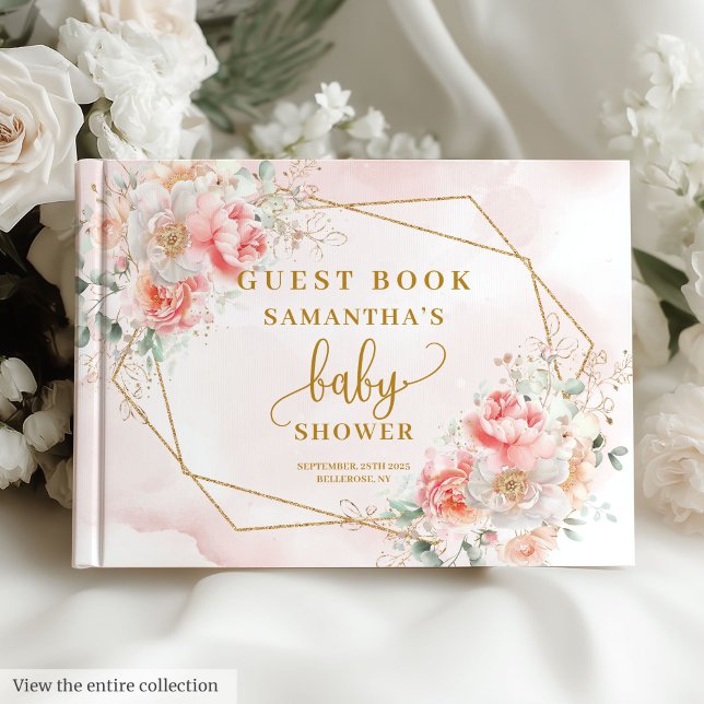 Aquarelle rose pâle pivoine rose sauge or livre d' (Powder pink gold peonies girl baby shower guest book

)