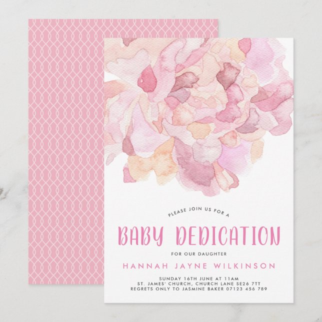 Aquarelle rose Peony bébé Dedication Invitation (Devant / Derrière)