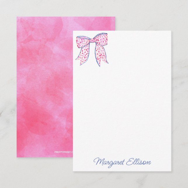 Aquarelle rose Polka Pot Bow Note Cartes (Devant / Derrière)