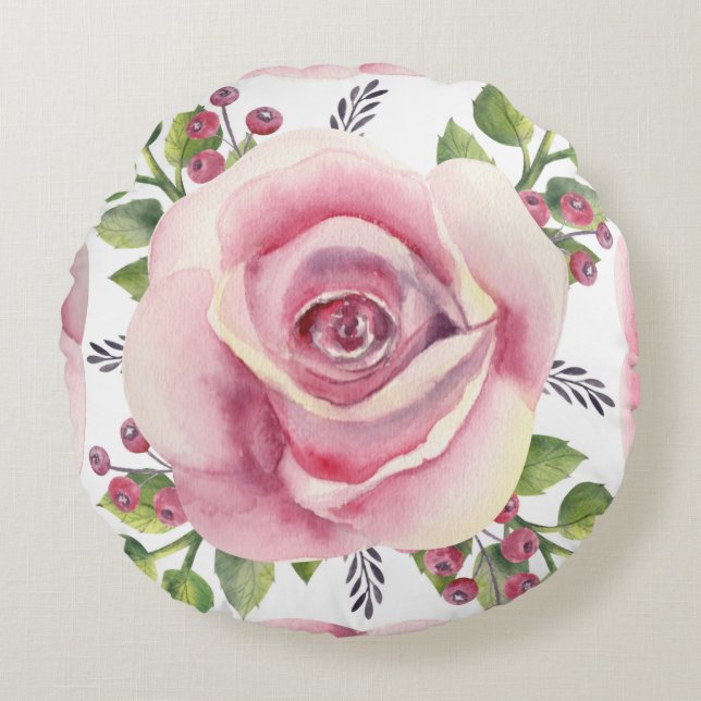 Aquarelle rose rose Coussin rond (Devant)