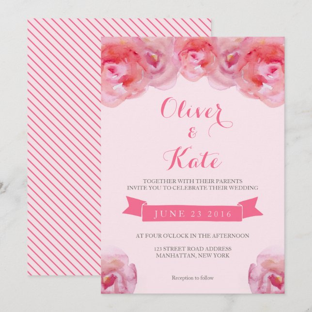 Aquarelle rose Rose Faire-part de mariage Floral (Devant / Derrière)