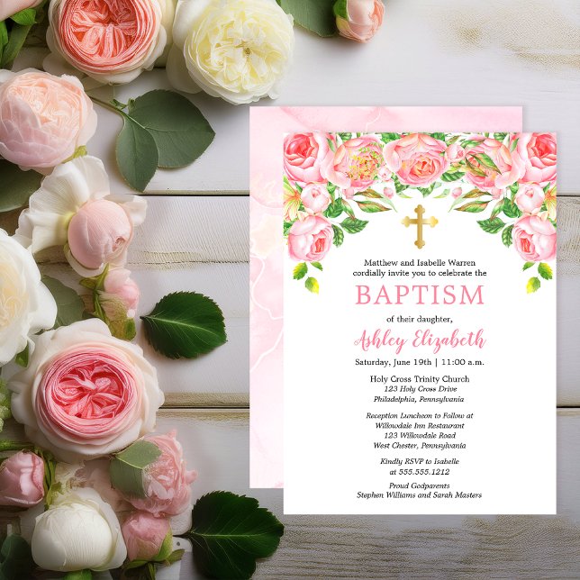 Aquarelle rose Roses Floral Baptême Invitation (Elegant Pink Roses Gold Tone Trinity Cross Watercolor Girl Baptism Invitation - Print | Digital )