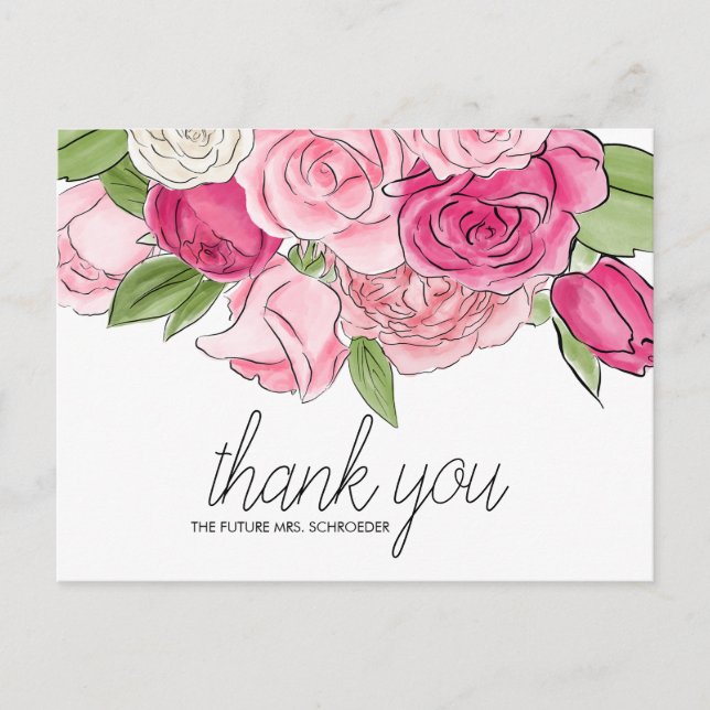 Aquarelle rose Roses Merci nuptiale Carte postale (Devant)