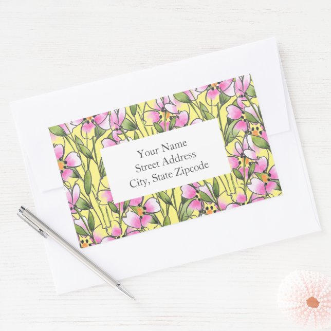 Aquarelle rose Stylo Encre Flore Motif Étiquettes (Enveloppe)