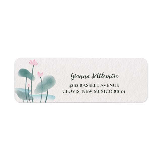 Aquarelle rose vert Lotus Floral Adresse de retour (Devant)