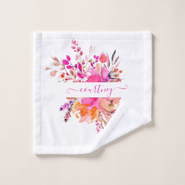 Aquarelle rose vif floral personnalisé (Gant de toilette)