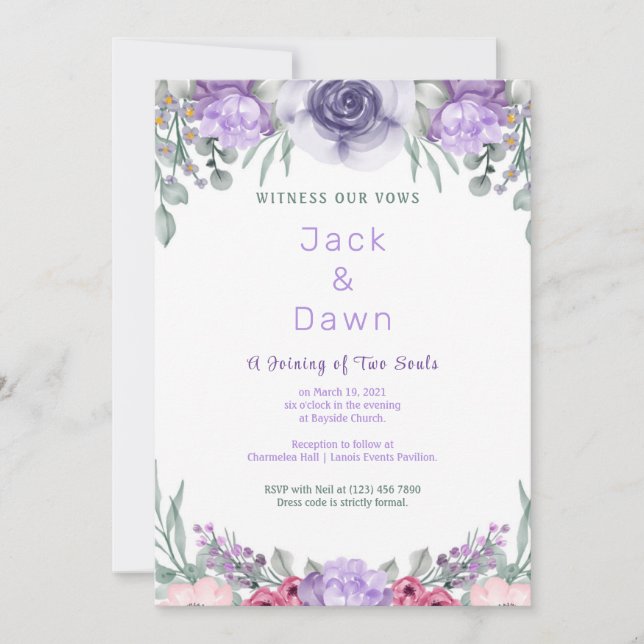 Aquarelle Rose violet Faire-part de mariage encadr (Devant)