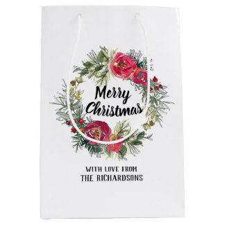 Aquarelle roses de Noël sac cadeau de couronne bla