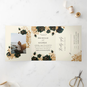 Aquarelle Roses or Faire-part de mariage triplé