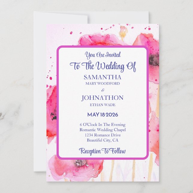 Aquarelle rouge à Faire-part de mariage à fleurs (Devant)