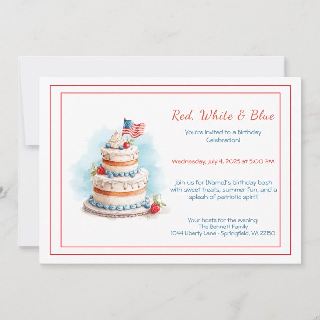 Aquarelle rouge blanc et bleu Invitation d'anniver (Devant)