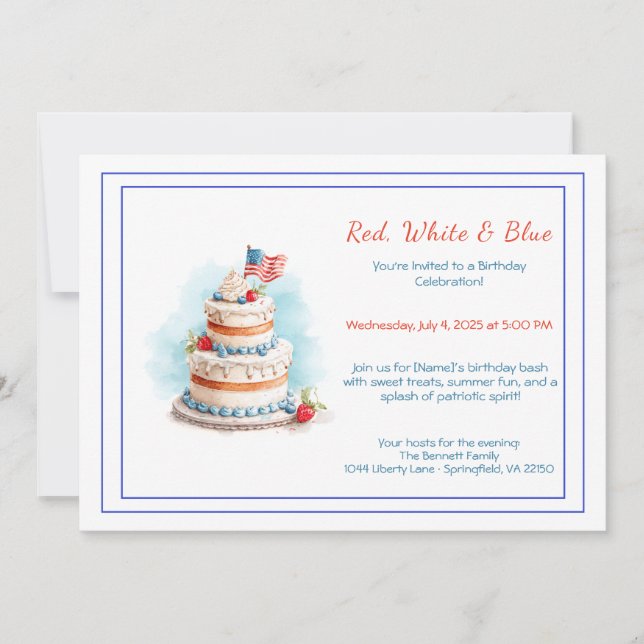 Aquarelle rouge blanc et bleu Invitation d'anniver (Devant)