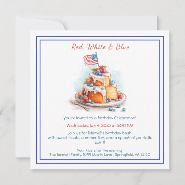 Aquarelle rouge blanc et bleu Invitation d'anniver (Devant)
