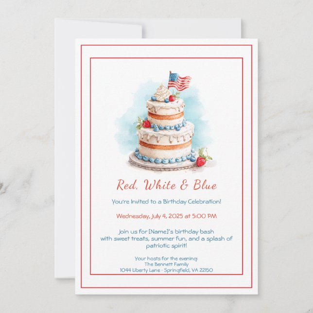 Aquarelle rouge blanc et bleu Invitation d'anniver (Devant)