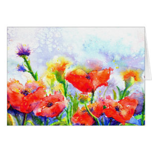 Aquarelle rouge jardin fleuri - Champs de pavot