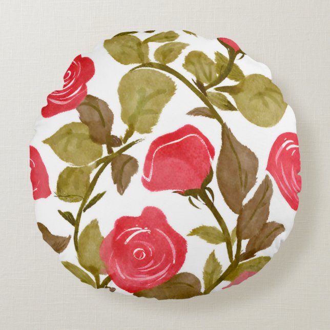 Aquarelle Rouge Rose Bouquet Coussin rond (Devant)