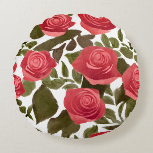 Aquarelle Rouge Rose Bouquet Coussin rond