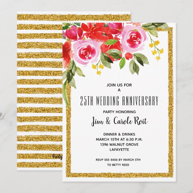 Aquarelle rouge rose Invitations de l'anniversaire (Devant / Derrière)