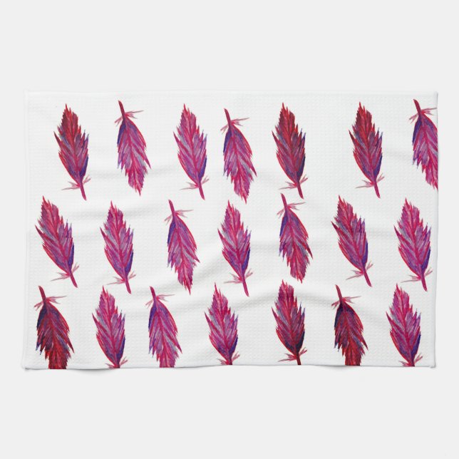 Aquarelle rouge rose plumes serviette de thé (Horizontal)