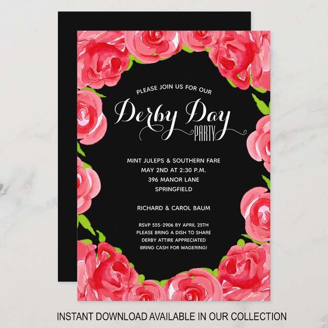 Aquarelle Rouge Roses Derby Race Party Invitations (INSTANT DOWNLOAD available in our collection to send your invitations digitally.)