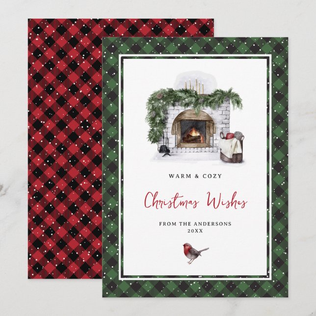 Aquarelle Rouge Vert Plaid Cartes de voeux de Noël (Devant / Derrière)