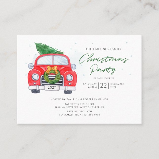Aquarelle Rouge Voiture Noël Arbre Carte d'invitat (Devant)