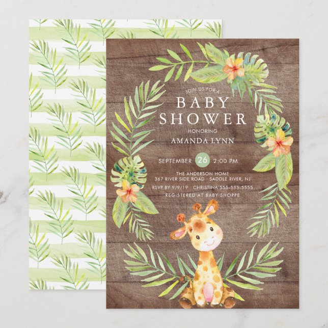 Aquarelle Rustique Giraffe Baby shower Invitation (Devant / Derrière)