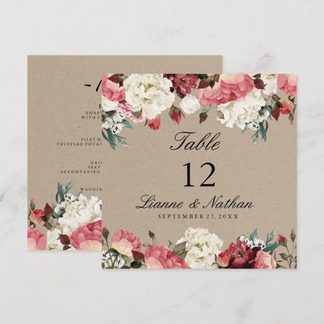Aquarelle Rustique Peony Floral Table + Carte Menu (Devant / Derrière)