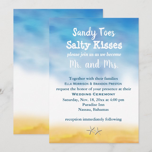 Aquarelle Sandy Toes Wedding Invitation - ciel & s (Devant / Derrière)