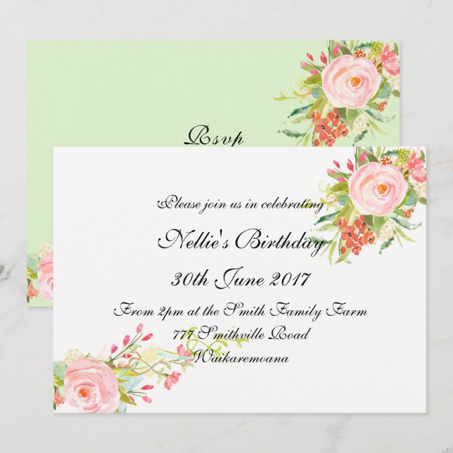 Aquarelle Simple Élégante Invitation d'anniversair (Devant / Derrière)
