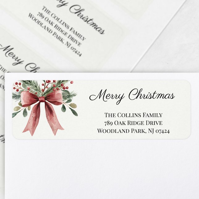Aquarelle simple rouge Bow Noël Adresse de retour (Simple Red Bow Watercolor Christmas Return Address Label)