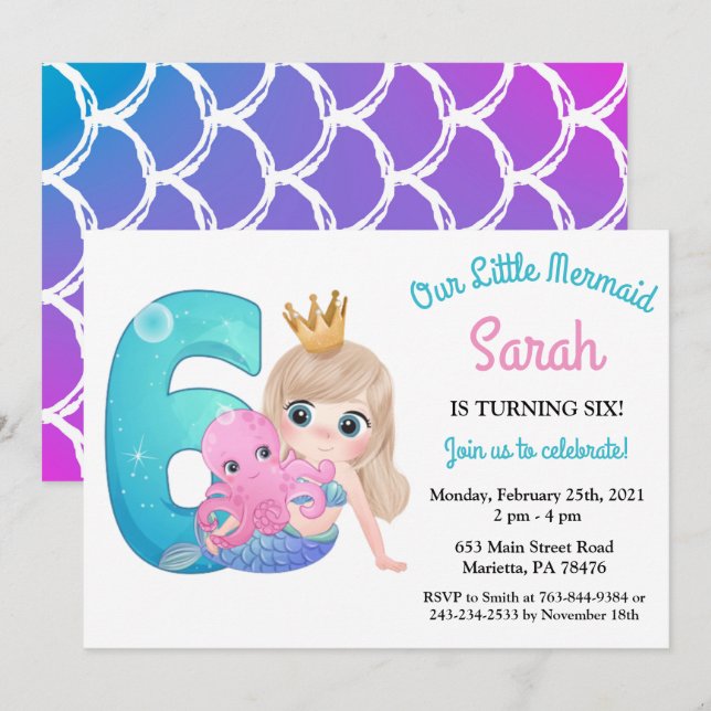 Aquarelle Sirène 6e anniversaire Fête Invitation (Devant / Derrière)