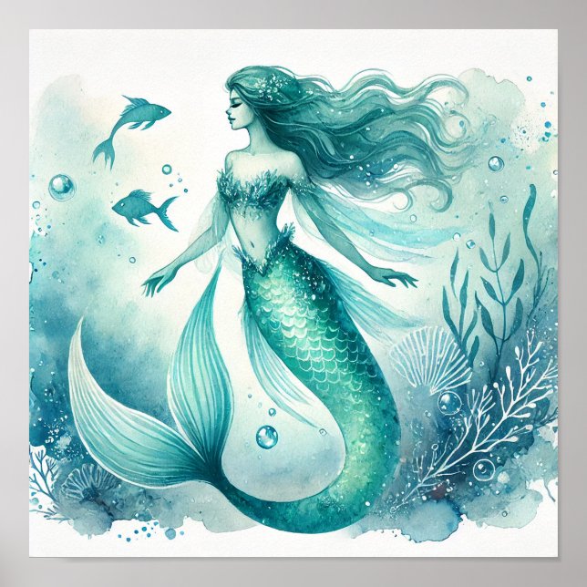 Aquarelle Sirène Poster d'Art Mur (Devant)