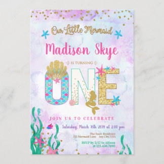 Aquarelle Sirène Premier anniversaire Invitation
