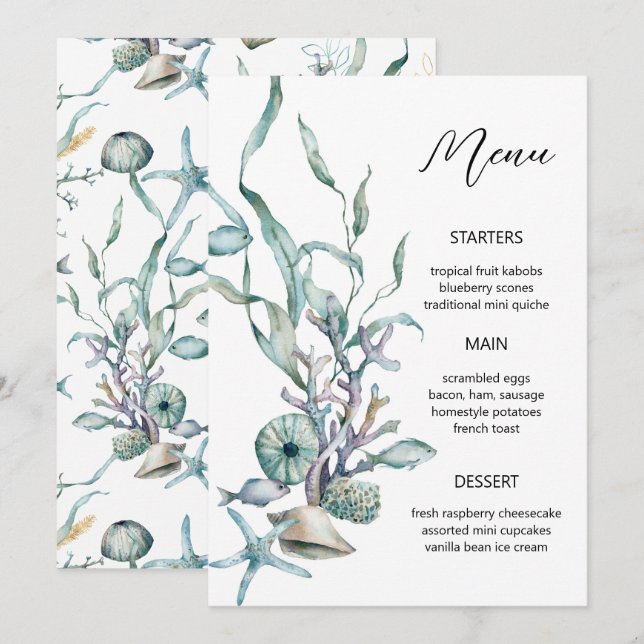 Aquarelle Sous la Mer Méduse Récif de Corail Menu (Devant / Derrière)