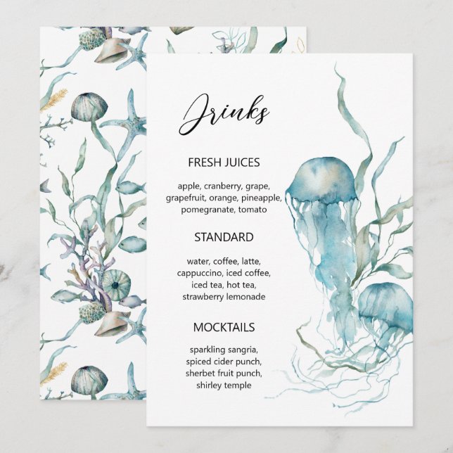 Aquarelle Sous la Mer Méduse Récif de Corail Menu (Devant / Derrière)