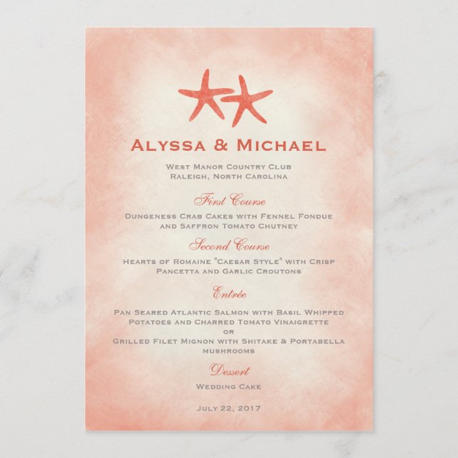 Aquarelle Starfish Plage Menu Mariage Carte Coral (Devant)