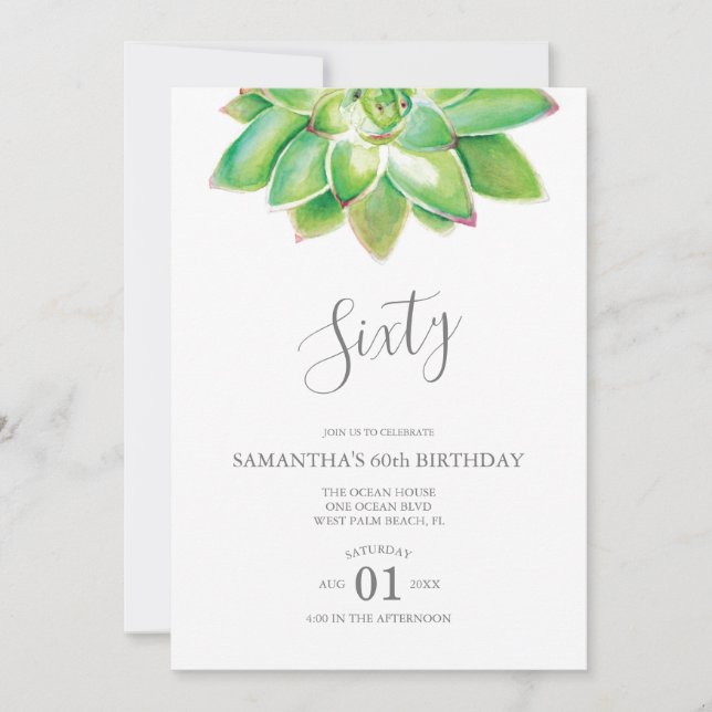 Aquarelle Succulente 60e Invitation anniversaire (Devant)