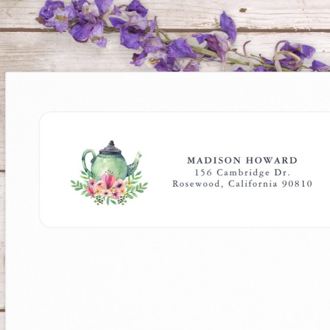 Aquarelle Teapot et Fleurs Adresse de retour Étiqu (Créateur téléchargé)