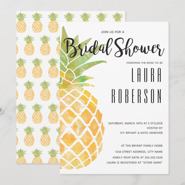 Aquarelle tencil ananas | Invitation de douche Bri (Devant / Derrière)
