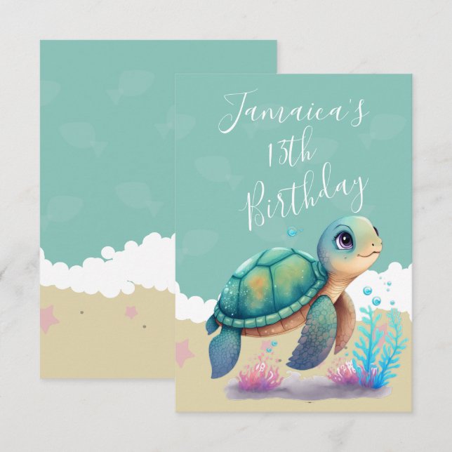 Aquarelle Tortue Océan Anniversaire Merci (Devant / Derrière)