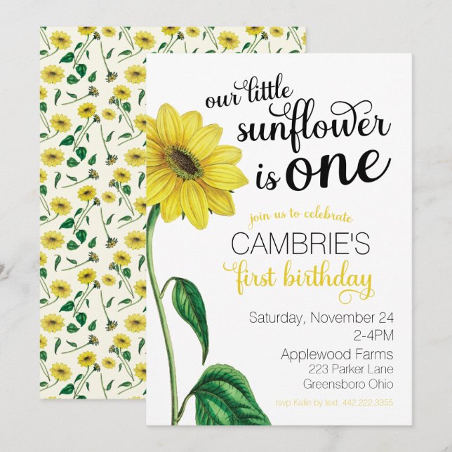 Aquarelle Tournesol première invitation anniversai (Devant / Derrière)