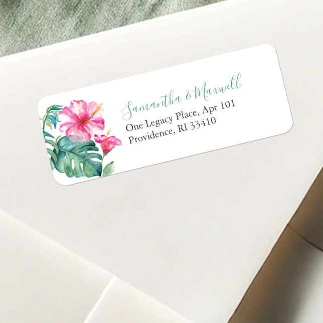 Aquarelle tropicale Hibiscus Fleur (Return address labels pink Hawaiian flower palm leaf art by Victoria Grigaliunas)